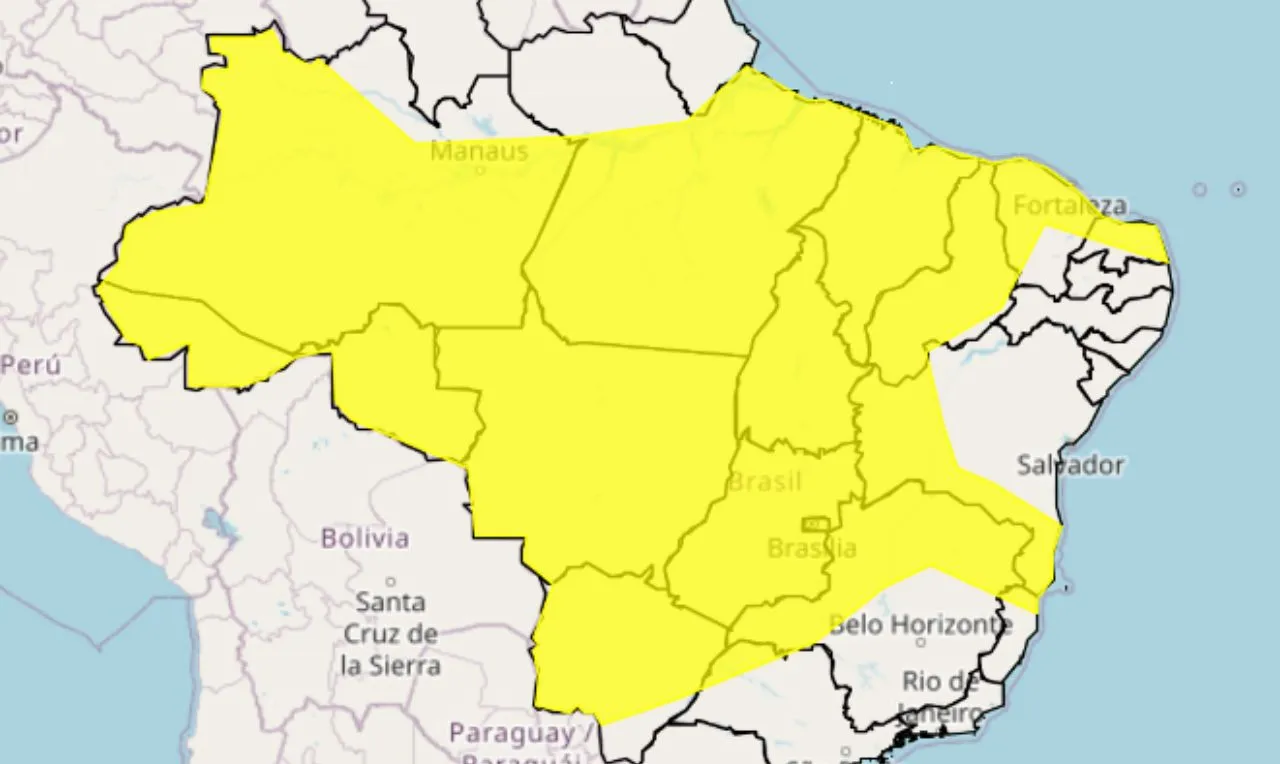 o mapa mostra as &aacute;reas em alerta para chuva intensa e ventos